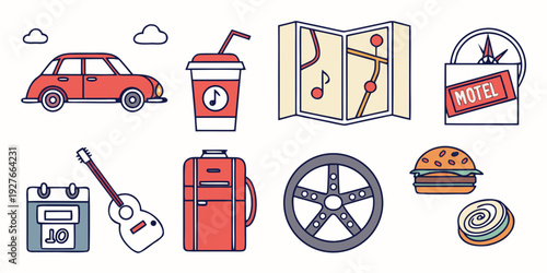 Assorted icons representing various travel and road trip essentials. Vector