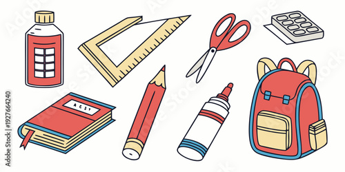 A variety of school supplies including a ruler, pencil case, and other essentials Vector