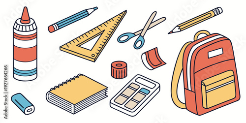A colorful assortment of school supplies laid out on a table. Vector