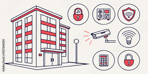 Apartment building with various amenities and security features Vector