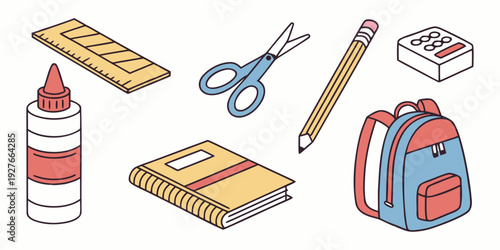 A collection of school supplies including glue, paper, scissors, and a backpack. Vector