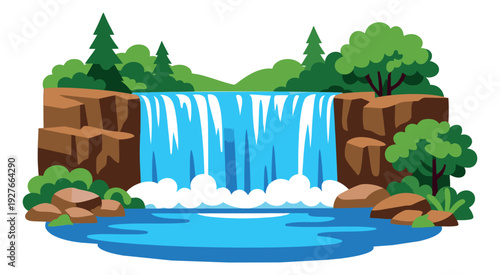 Cartoon illustration of a waterfall depicting water flowing into a river for nature designs