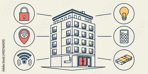 A modern building with various amenities and facilities on each floor Vector