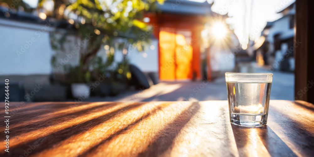 Naklejka premium Glass of fresh water standing on a wooden surface, casting shadows from warm morning light with a blurry Japanese street