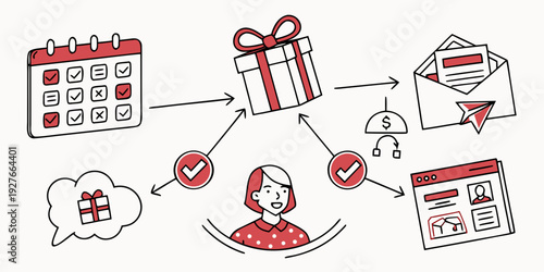 Illustration of a woman receiving a package with a calendar and clouds. Vector