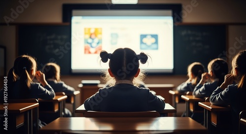 Elementary school students attentively watching a presentation in the classroom