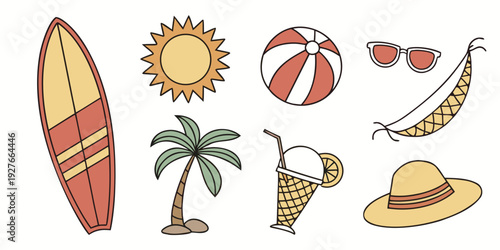 Vibrant beach scene with surfboard, palm tree, and summer accessories Vector
