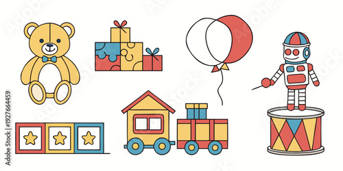 A delightful assortment of children's toys and playthings arranged neatly in a row. Vector