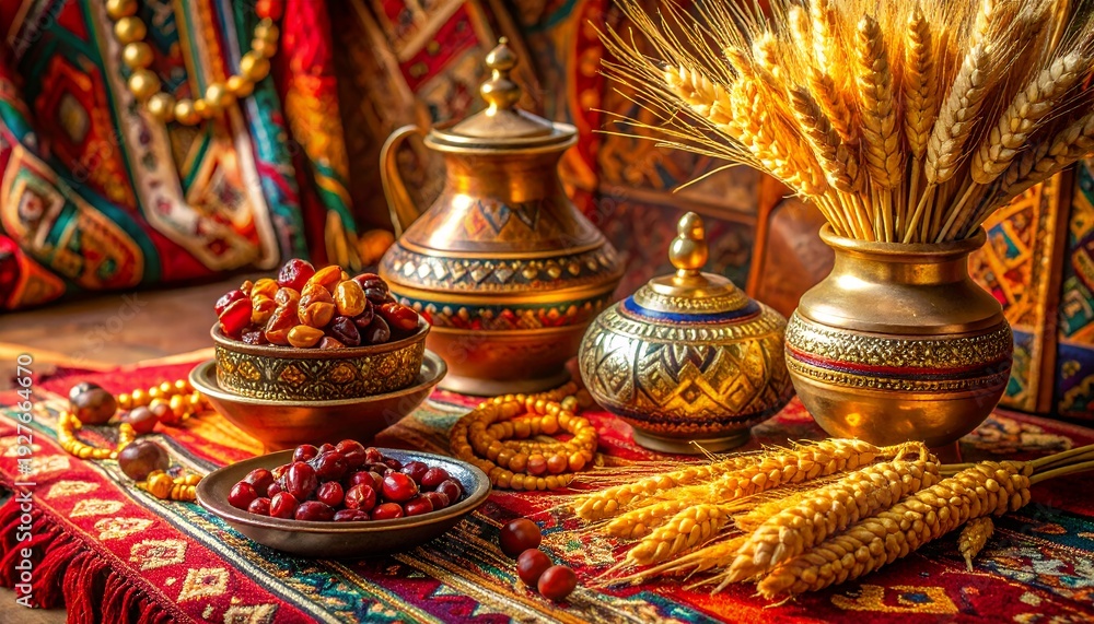 Obraz premium Exotic still life with dates, wheat, and ornate vessels evoking cultural richness
