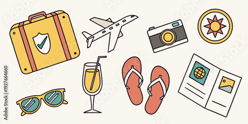 A collection of travel essentials including a suitcase, passport, and flip flops Vector