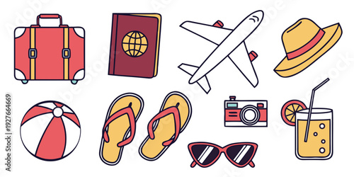 Assorted objects including a backpack, suitcase, and various food items Vector