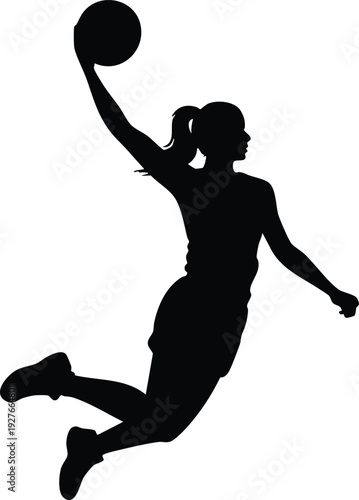 Minimalist Sports Action Icon, Female Basketball Player Silhouette, vector, illustration, silhouette.