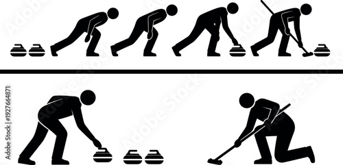 Curling Winter Sport Pictogram Set Showing Athlete Delivering Stone and Sweeper Brushing Ice Surface for Competition or Olympic Games Illustration