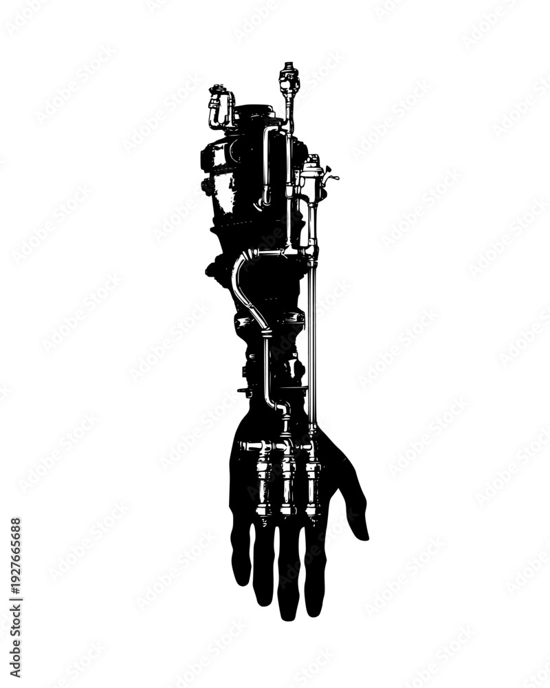 Naklejka premium Steam-powered prosthetic arm with visible brass joints and valves, vector illustration art