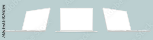 White laptop front and side view with blank screen isolated