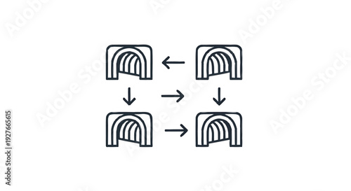 Diagram of interconnected arches with directional arrows.