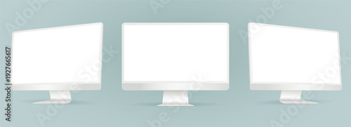 Three monitor with empty display, white device screen mockup.