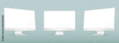 Realistic computer screen mockup. White computer display on three sides with blank screen.