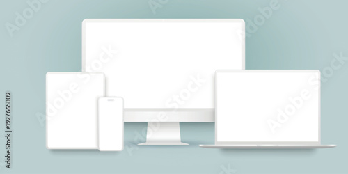 Technology devices with empty display. PC Monitor, Laptop, Tablet, Smartphone in white color