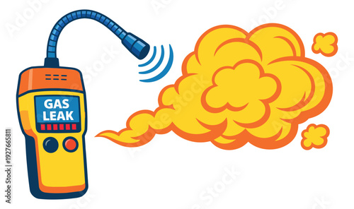 Graphic illustration of a gas leak detector depicting gas escaping for safety warning