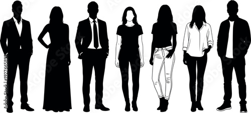 Diverse group of professional and casual people silhouettes in various outfits standing together for business corporate and lifestyle vector design