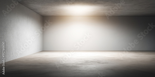 Empty concrete room featuring a bright light source on the ceiling, illuminating the textured back wall and floor in a minimalist design