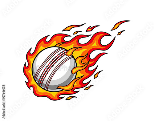 Cricket ball engulfed in flames, symbolizing intense sport and fiery competition