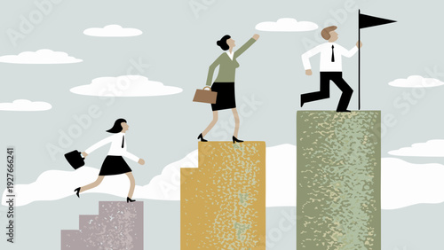 Business professionals reaching new heights symbolizing corporate achievement and success in a competitive environment with a cityscape background