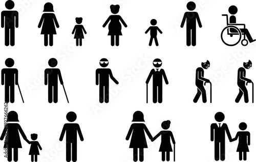 Diverse People Icon Set Representing Families Children Elderly Pregnant Women and People with Disabilities Including Blindness and Wheelchair Users Vector