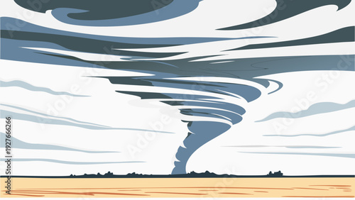 Abstract vector illustration of a swirling tornado spiral with layered clouds and a flat landscape