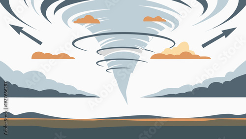 Detailed vector illustration of a supercell thunderstorm tornado formation with swirling clouds and arrows