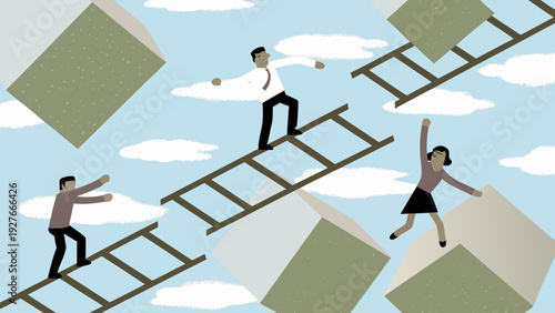 Business team navigating risk management challenges on unstable ladders with floating blocks