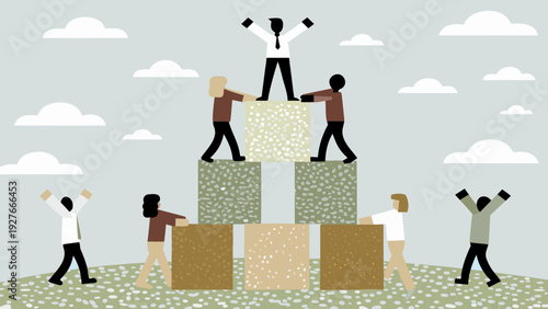 Diverse office team building achievement illustration with people stacking blocks and celebrating success in a collaborative work environment