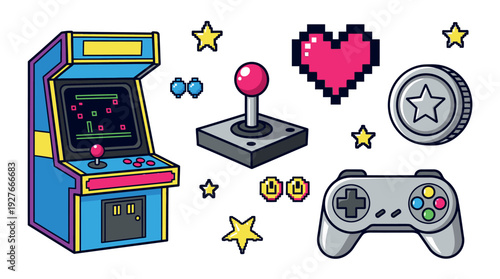 Retro Gaming Icons with Arcade Machine and Controller.