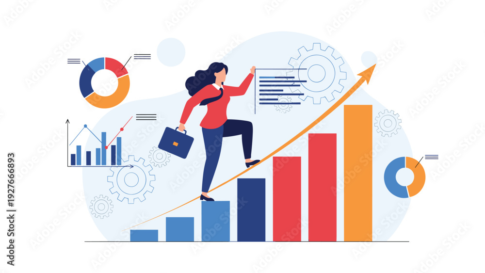 Obraz premium Ambitious businesswoman with briefcase climbing steps of bar chart towards success and career advancement.