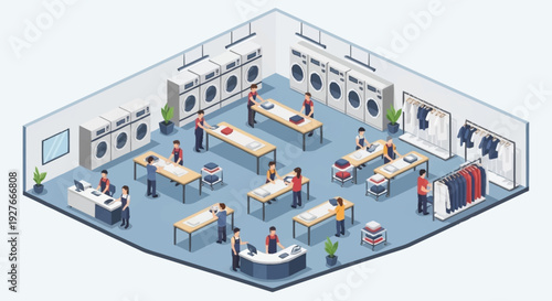 Modern laundry facility with multiple washing machines and people doing laundry.
