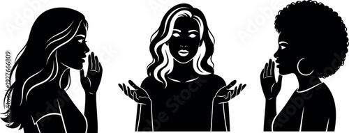 Diverse women silhouettes communicating whispering secrets and sharing information in black and white vector style for social media and community concepts.