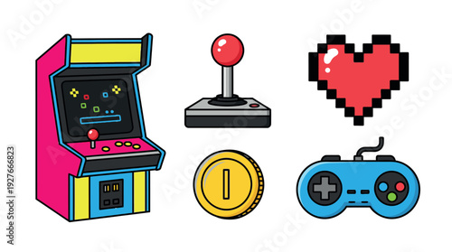 Pixel art icons representing classic arcade and modern gaming elements.