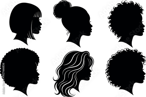 Diverse Women Profile Silhouette Set Featuring Various Hair Textures Including Afro Curly Wavy Straight Bob and Elegant Bun Style Haircut Illustrations