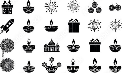 Black and white Diwali festival icons set featuring diyas, fireworks, temple, mandala, ornaments, gifts, crown, cultural celebration symbols