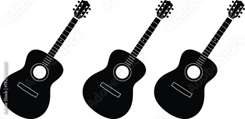 Silhouette collection of acoustic guitars, classic rounded body shapes, vector illustration, music instrument design icons, sound art elements