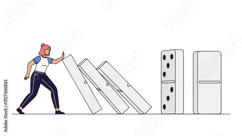 Young woman in casual clothes pushing over row of white dominoes to start chain reaction process on white.