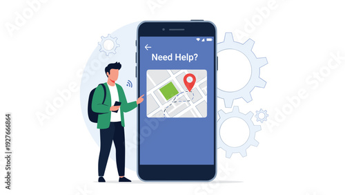 Traveler with backpack looking at map on giant smartphone screen for help and navigation in new city location.