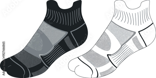 ABlank athletic running ankle socks technical flat sketch vector illustration featuring detailed mesh panels and ribbed cuffs for apparel design mockup and manufacturing process.rt & Illustration