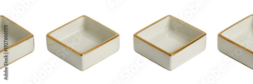 White porcelain dishes with gold trim isolated on a transparent background