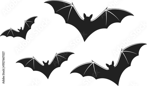 Silhouette collection of bats in flight, Halloween vector illustration, nocturnal wildlife icons, gothic design art, spooky animal elements