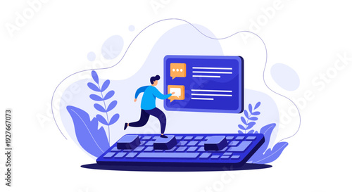 Person running on keyboard interacting with screen for digital messages