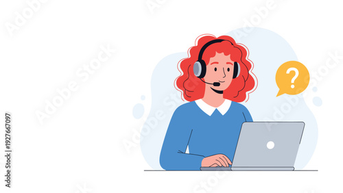 Red haired customer service representative wearing headset and working on laptop to provide online support.
