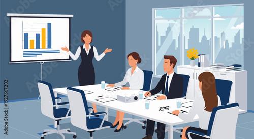 Professional vector illustration of confident businesswoman presenting bar chart in modern office meeting