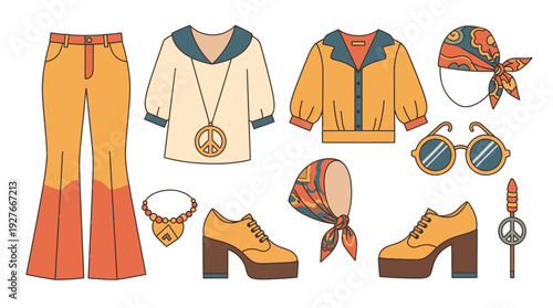 Retro fashion ensemble featuring yellow and orange clothing and accessories.